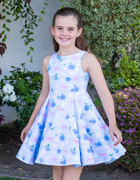 A L I C E - Blue Floral & Bow Storybook Dress