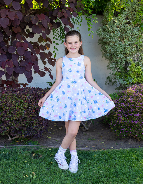 A L I C E - Blue Floral & Bow Storybook Dress
