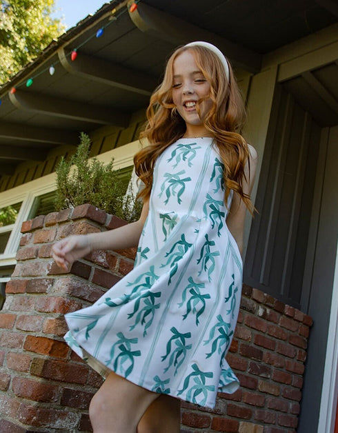 C L A R A – girls bow dress, green bow print dress, special occasion girls dress | Young at Hart