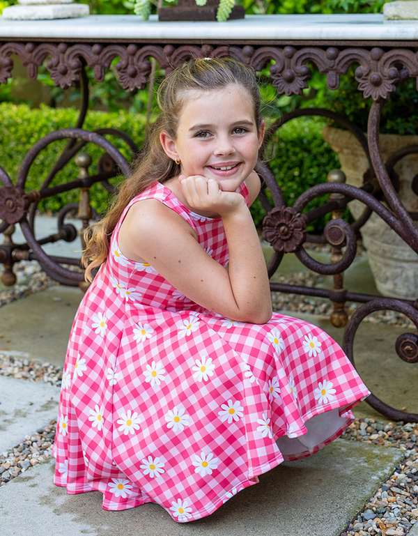 M A K E N N A - Girls Classic Daisy Print Gingham Dress