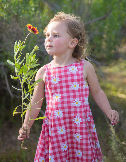 M A K E N N A - Girls Classic Daisy Print Gingham Dress
