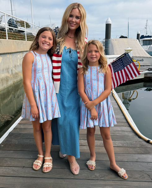 R Y L E E - Girls Blue Coastal Red Stripe Dress