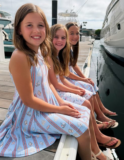 R Y L E E - Girls Blue Coastal Red Stripe Dress