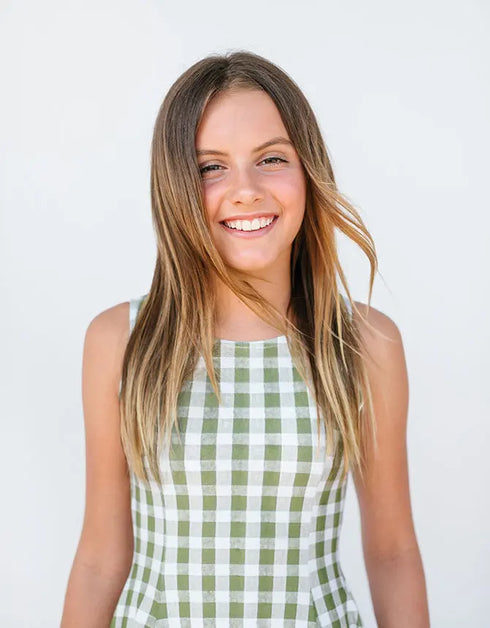 B I L L I E – girls gingham dress, olive gingham dress, retro girls dress | Young at Hart