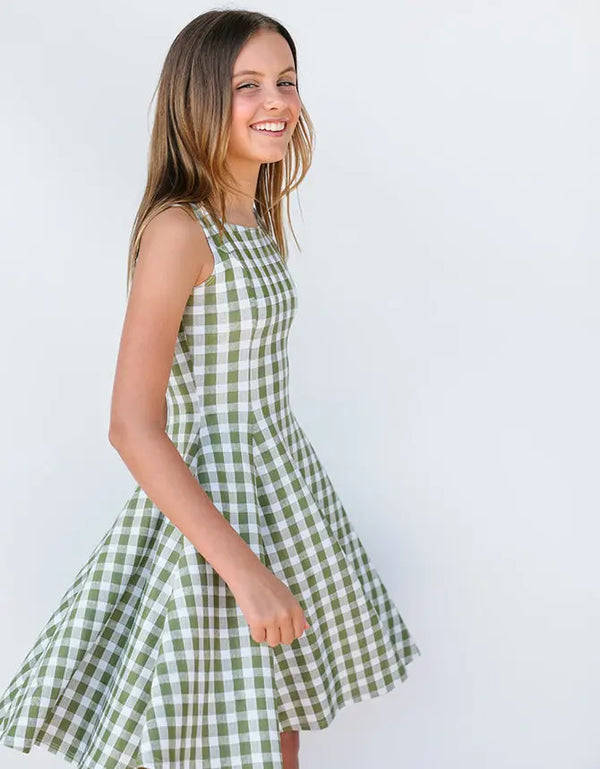 B I L L I E – girls gingham dress, olive gingham dress, retro girls dress | Young at Hart