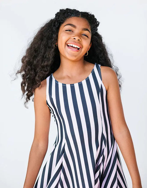 F A R R A H – girls striped dress, black and pink stripe dress, bold party dress | Young at Hart