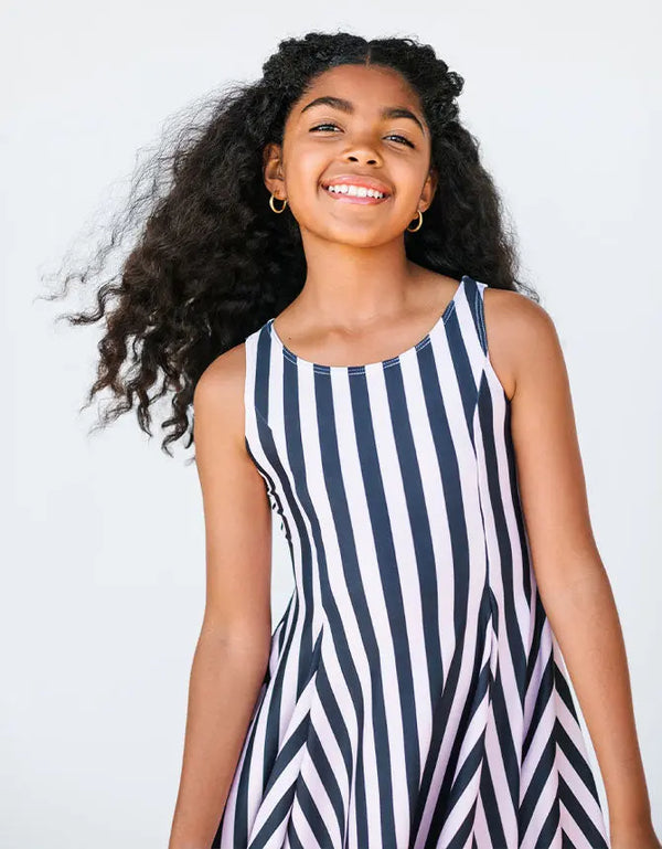 F A R R A H – girls striped dress, black and pink stripe dress, bold party dress | Young at Hart