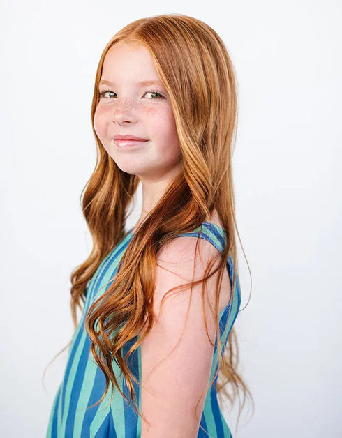 S O P H I E – girls striped dress, green and blue stripe dress, playful girls dress | Young at Hart