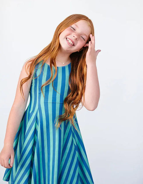 S O P H I E – girls striped dress, green and blue stripe dress, playful girls dress | Young at Hart