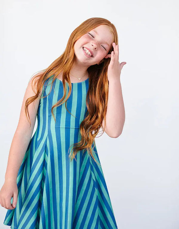 S O P H I E – girls striped dress, green and blue stripe dress, playful girls dress | Young at Hart