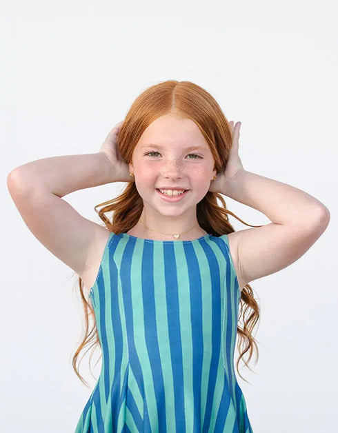 S O P H I E – girls striped dress, green and blue stripe dress, playful girls dress | Young at Hart