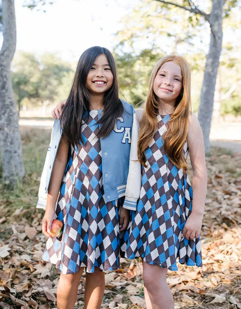 R O R Y Girls argyle brown, tan, and blue dress | Young at Hart